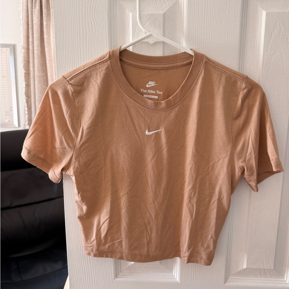 Nike Women's Cropped Tee in Tan with White Swoosh